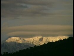 WA snow covered Mount Chimborazo, sunlit snow covered mountain peak with low bands of grey cloud in blue sky, silhouetted tree lined foreground, Ecuador Stock Footage
