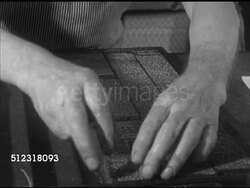 1952: THE ELKHORN INDEPENDENT: VS Operator Bob Watson preparing copy on linotype machine, Charles Waterbury inserting stones, column types into slots, Claude Eames talking (SOT). Wisconsin, WI, newspaper Instructional Video