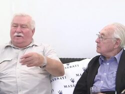 INTERVIEW - Andrzej Wajda and Lech Walesa onfigures of inspiration in the present at 'Walesa. Man of Hope' Interviews on September 06, 2013 in Venice, Italy. (Footage by WireImage Video/Getty Images) Stock Footage