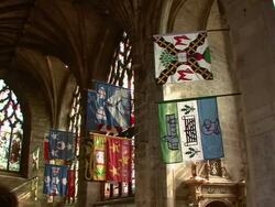 PAN Banners hanging in the interior of cathedral / Edinburgh, Scotland, United Kingdom Stock Footage