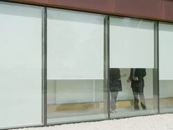 WS of man and woman having an argument in an office corridor seen from themoutside with faces obscured by blinds Stock Footage