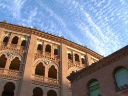 MS PAN View of clouds rolling over Plaza de Toros / Marid, Spain Stock Footage