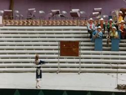 1956 WS PAN Gail Davis as Annie Oakley shooting on stage at Canadian National Exhibition, Toronto, Ontario, Canada Stock Footage