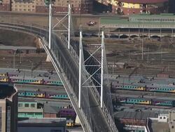 MS AERIAL View of nelson Mandela bridge in city / Johannesburg, Gauteng, South Africa Stock Footage