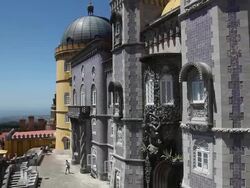 Sintra, Pena National Palace, view of the main entrance and the newt symbolizing the allegory of creation of the world Stock Footage