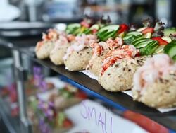 Shrimps sandwiches in the fish market of Bergen Stock Footage