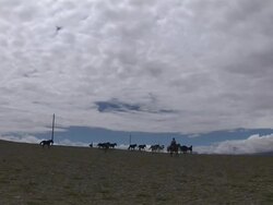 Pan Right Extreme Long shot Men riding horses Taklakot Tibet China Stock Footage