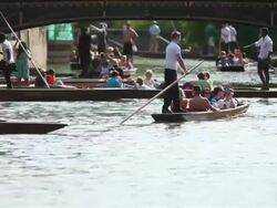 MS Shot of punters on River Cam / Cambridge, Cambridgeshire, United Kingdom Stock Footage