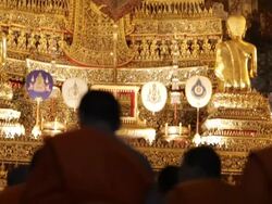 MS TU  Monk praying infron of golden buddha statue in temple  / Bangkok, Thailand Stock Footage