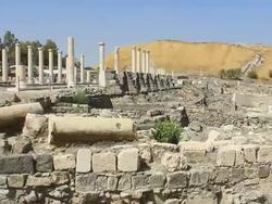 WS PAN Shot of ancient Roman street at archeological site / Beit Shean, Beit Shean Valley, Israel Stock Footage