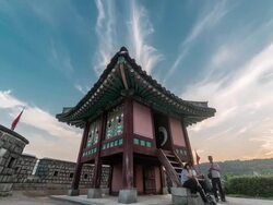 WS T/L View of Dongnamkackru tower in Suwon Hwaseong Castle (Unesco World Heritage)   / Suwon, Gyeonggi do, South Korea Stock Footage