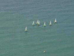 WS AERIAL ZI View of sail boats at Valras-Plage city / Languedoc Roussillon, France Stock Footage