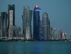 Qatar, Middle East, Arabian Peninsula, Doha, new skyline of the West Bay central financial district of Doha Stock Footage