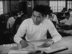 1951: FORMOSA, TAIWAN: REPRISAL: WS Men walking toward rural building. Farmer 'Liu' w/ others at counter talking to clerk (No SOT), clerk marking spread sheet, using abacus, TD MS Asian male hands moving abacus beads,  'Liu' taking paper, 'contract' Instructional Video