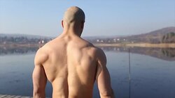 Man with scoliosis feeling like a winner Stock Footage