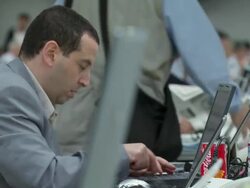 CU Shot of man working on laptop in G8 meeting press room and drinking coke / Hokkaido Toyako, Japan Stock Footage