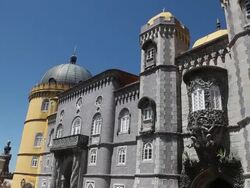 Sintra, Pena National Palace, view of the main entrance and the newt symbolizing the allegory of creation of the world Stock Footage