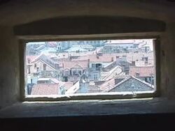 Dubrovnik, Croatia Through Rectangle Hole in City Wall, Pull Stock Footage