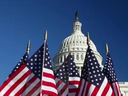 US Capitol Dome with row of American flags in foreground Stock Footage