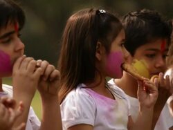 Group of kids eating gujia in holi festivals Stock Footage