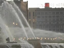 Chicago Fountain sprays, Congress Hotel in background Stock Footage