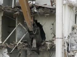 MS Wrecking ball crushing rubble / Chicago, Illinois, USA Stock Footage