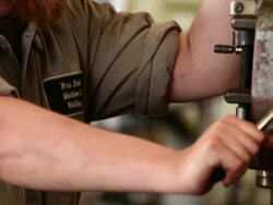 CU TD Machine Worker Using Drill Press in Machine Shop Stock Footage