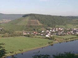 WS ZI View of Schoden, Biebelhausen and Saarburg Country near river Saar / Schoden, Saar-Valley, Rhineland-Palatinate, Germany Stock Footage