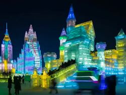 Spectacular illuminated ice sculptures at the Harbin Ice and Snow Festival in Heilongjiang Province, Harbin, China - Time lapse Stock Footage