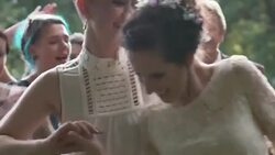 Lesbian couple celebrating their wedding with their freinds Stock Footage