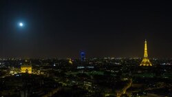 Moonrise over the City, Eiffel Tower and  Arc de Triomphe, Paris, France, Europe - Time lapse Stock Footage
