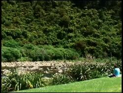 Young Woman Sitting, Thinking By Green Riverbank, Riverside Stock Footage