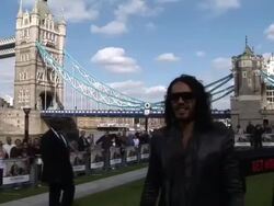 INTERVIEW Russell Brand on how much he loves Jonah Hill, on pretending to be a rock star, on whether he'd ever be a musician at the Get Him to the Greek Premiere at London England. (Footage by WireImage Video/GettyImages) Stock Footage