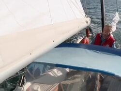MS Happy pensioner sailing his boat at full speed / Wismar, Mecklenburg-Vorpommern, Germany Stock Footage