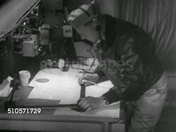 1943: US NAVY BOMBERS: LA BEHIND Pilot &amp; copilot in B-24 'Liberator' heavy bomber aircraft cockpit, Navigator charting course on map, sailor using headphones at dial panel, TU WS PB2Y 'Coronado' flying boat patrol bomber in flight. WWII, World War II Instructional Video