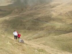 Wing suit fliers/ hikers ascend through mountain meadow Stock Footage