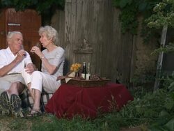 Slow motion static shot of an elderly couple having a picnic at a farm Stock Footage