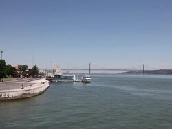 Lisbon, View of the Tagus river and the 25th April bridge Stock Footage