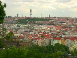 Prague Rooftops and Zizkov TV Tower Stock Footage