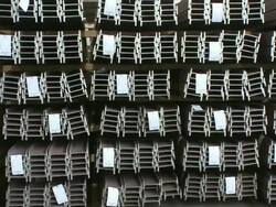 WS PAN View of steel channels in store at Hoesch-Schwerte / Schwerte, Rhineland-Palatinate, Germany Stock Footage