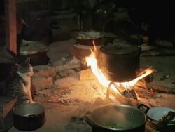 MS cat next to pot over fire / Xam Neua, Laos Stock Footage