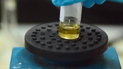 stir yellow viscous in glass centrifuge tubes. Stock Footage