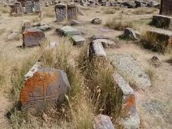 Noratus (Noraduz) cemetery, Sevan lake, tombstones and khatchkars in the cemetery Stock Footage