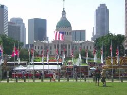 WS View of courthouse shot through flags / St Louis, Missouri, United States Stock Footage