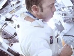 Apollo 14 crew living in space capsule Stock Footage