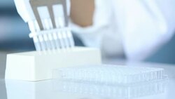 Scientist transfer mix small volume liquids within 96 well dishes Stock Footage