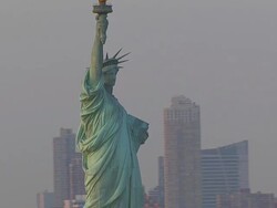 MS AERIAL ZO DS View of Statue of Liberty city / New York, United States Stock Footage