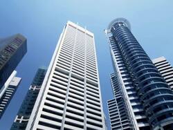 High Rising Buildings at Raffles Square, low angle view, rotate, Singapore Stock Footage