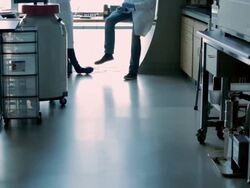 MS TU Lab technicians  discussing at window Vancouver mountains in Cancer research  Healthcare medicine  Industry DNA sequencing Laboratory / Vancouver, BC, Canada    Stock Footage