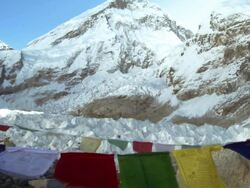 Buddhist prayer flags with Mount Everest in the background. Stock Footage